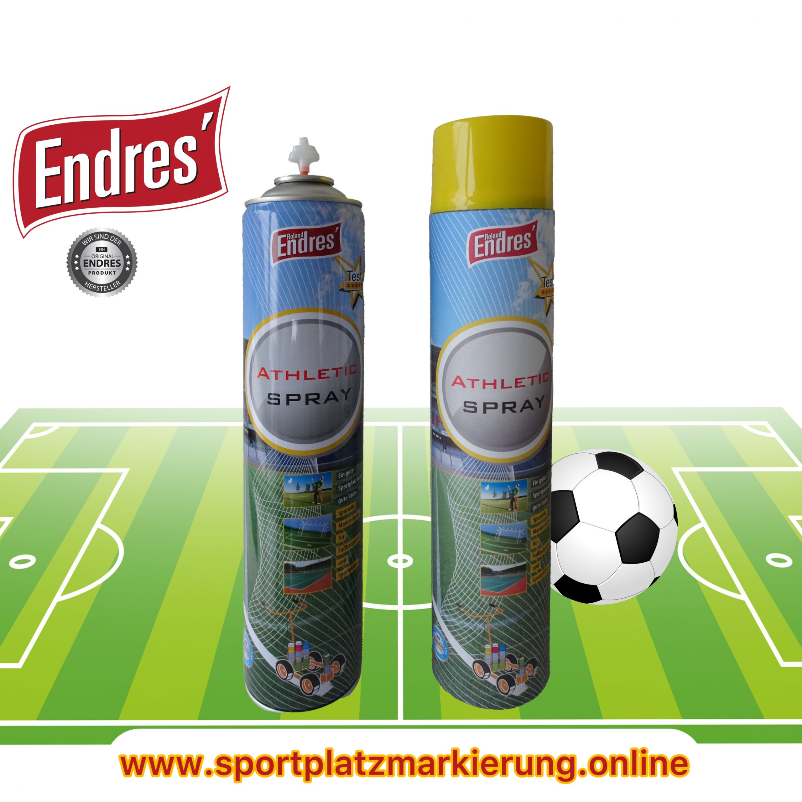 Endres beste Sportplatzmarkierung (günstig, da eigene Herstellung) gelb Art-Nr.75052 "Athleticspray"( Aktion: Dose ab 4,90 Euro ). ORIGINAL über 17 Jahren bewährt. Reichweite ca. 195m/Dose= nur ca. 3,5 Dosen/Platz.