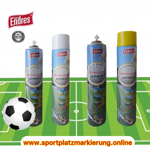 Endres beste Sportplatzmarkierung. Sortiert 24 Dosen weiß + 12 Dosen gelb. Athleticspray 750 ml ist günstig, da eigene Herstellung. Reichweite ca. 195m/Dose bei 10cm Breite= nur ca. 3,5 Dosen/Platz.